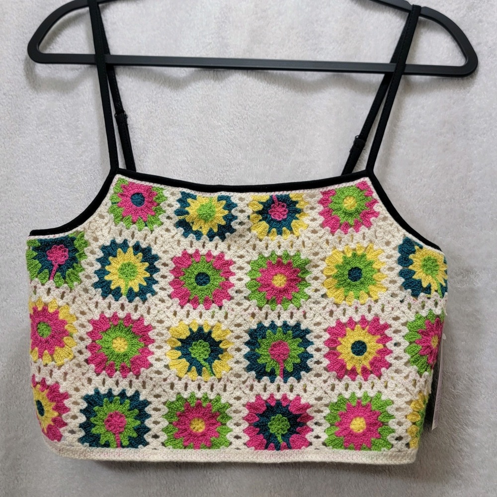 NEW! Wild Fable Women's Medium Granny Squares Knit Front Floral Crochet Tank Top